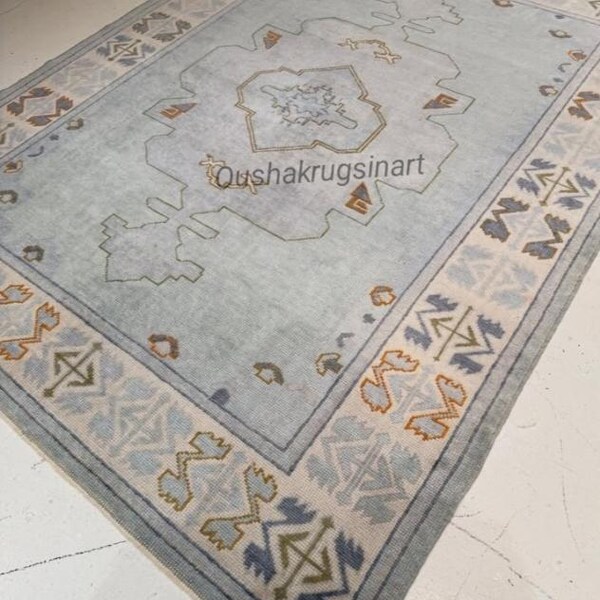 Vintage Oushak Rug - Soft Muted Blue Turkish Area Rug, 6x9,9x12, 12x18,Pastel Wool Carpet for Living Room, Traditional Rug,Home Decor Rug7x9