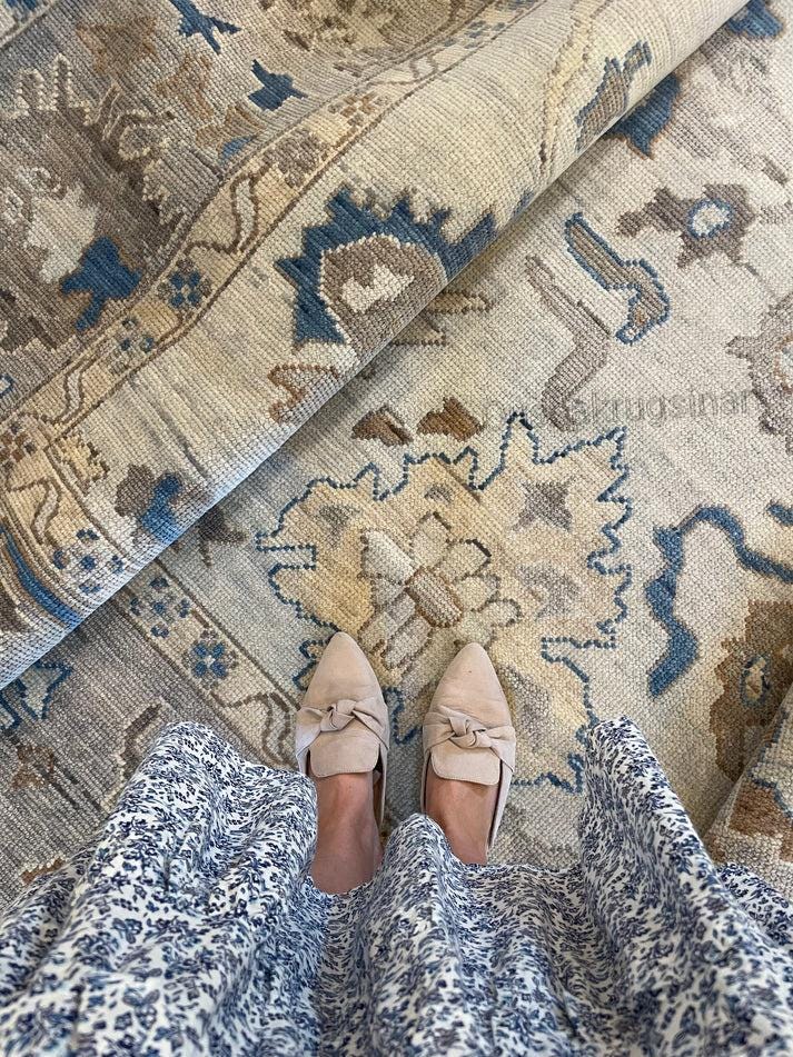 Handknotted Oushak Rug, Beige Blue Wool Area Rug,10x14,8x10,12x18,Turkish Vintage Style Carpet, Neutral Living Room Rug, Custom Size Rug