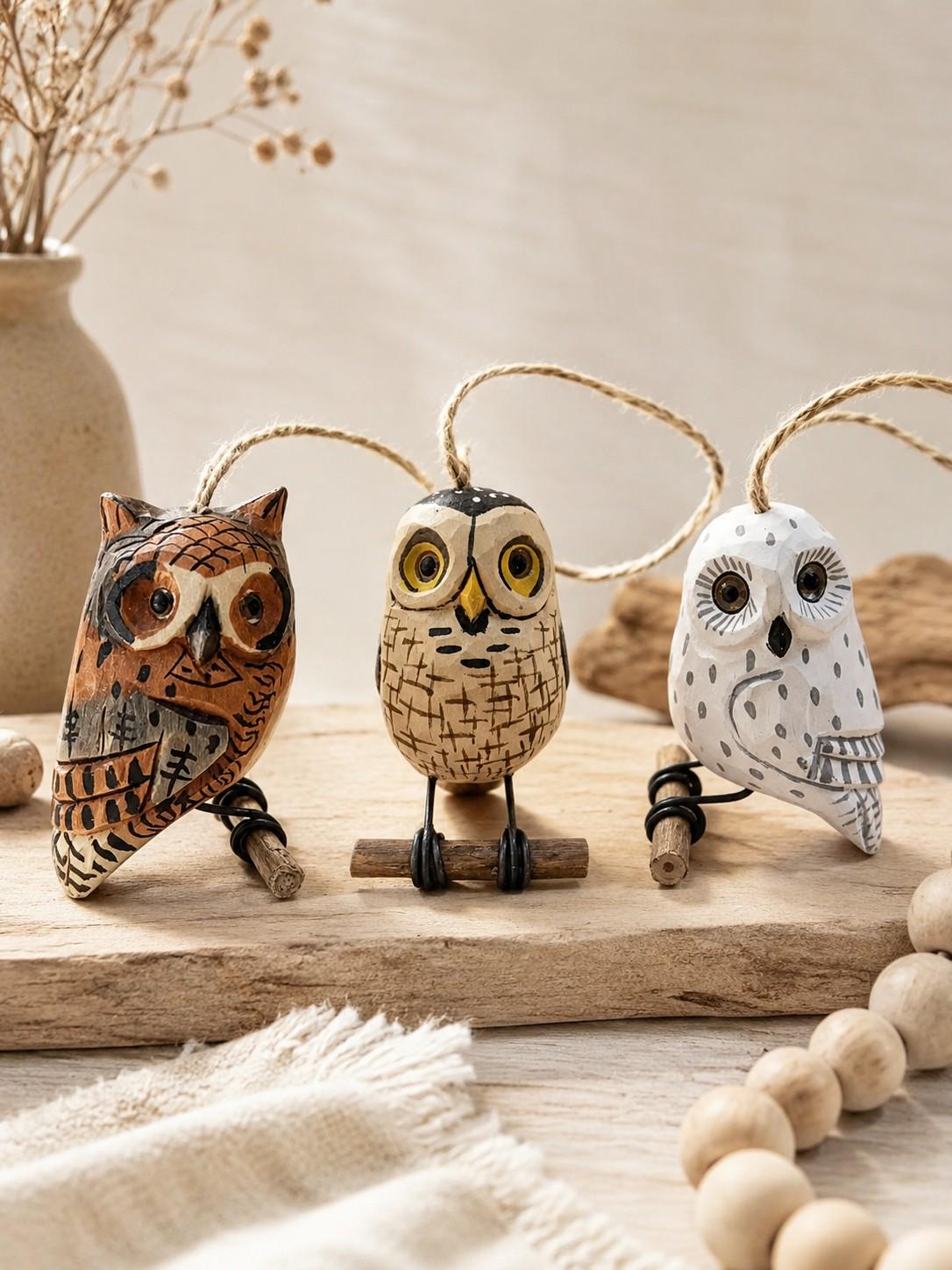 Hand Painted Wooden Owl Rearview Mirror Charm, Mini Hand Carved Owl Ornament, Rustic Woodland Car Ha