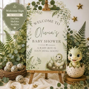 Set di cartelli di benvenuto per baby shower "Presto in schiusa", invito per maschietto a tema dinosauri, decorazioni a forma di uovo di dinosauro