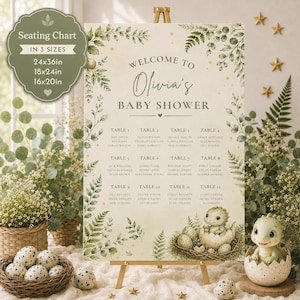 Hatching Soon Baby Shower Seating Chart Bundle, Dinosaur Boy decorations, Printable, Editable Canva Template