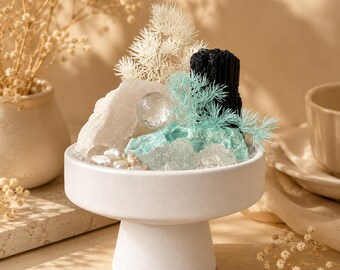 Mini Crystal Garden Decor, Aqua Crystal Style Accent, White Pedestal Bowl, Desk and Shelf Decor, Gift for Her
