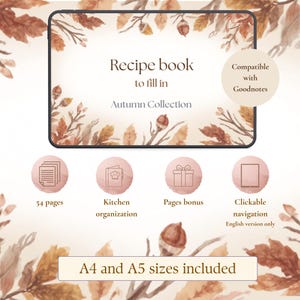 Peut inclure: Un livre de recettes numérique à remplir de la collection Autumn, orné de feuilles et de glands à l'aquarelle. Inclut 54 pages, organisation de cuisine, pages bonus, navigation cliquable et formats A4 et A5. Compatible avec Goodnotes.
