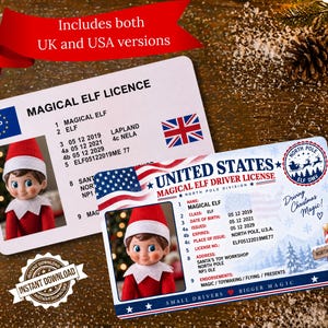 May include: Two rectangular cards featuring a Magical Elf Licence and a United States Magical Elf Driver License. Each card displays a photo of an elf in a red hat, personal details, and flags. The US card includes text like Driving Christmas Magic and North Pole Division.