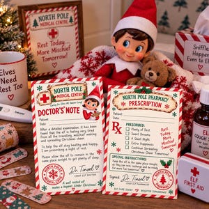 May include: A North Pole Medical Centre doctor's note and pharmacy prescription set featuring an elf doll with a teddy bear, a mug labeled Elves Need Rest Too, a bottle of Elf Cough Syrup, a first aid tin, and several patterned adhesive bandages.