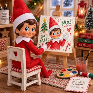 May include: A plush elf doll in a red suit and hat sits on a white wooden chair, painting a self-portrait on a canvas set on a wooden easel. The painting shows an elf with the text By Me! and Me!. A palette, paint brush, and note are nearby.