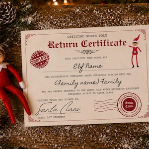May include: A cream-coloured paper certificate titled Official North Pole Return Certificate with red text and graphics, including a red stamp reading Completed and a red circular seal of Santa Claus, alongside a small red and white elf doll.