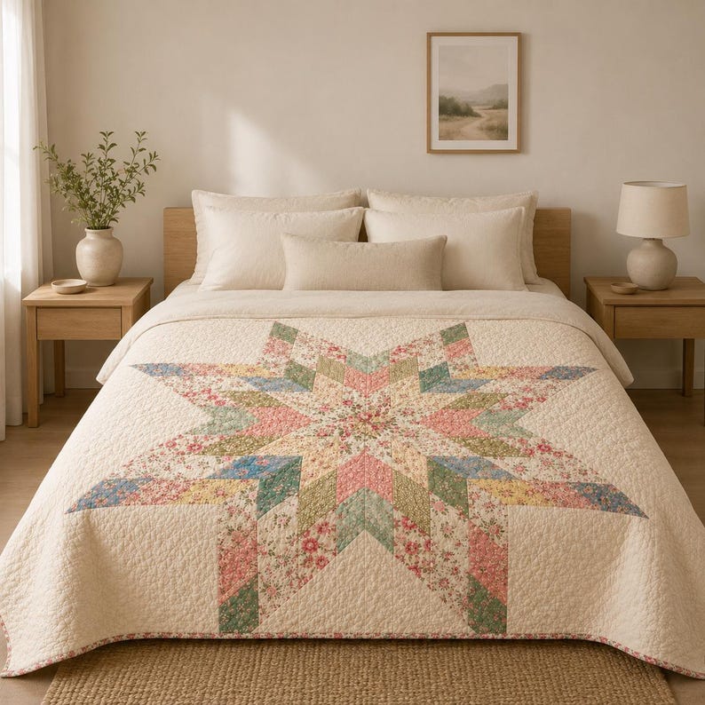 May include: A cream-colored quilt featuring a large, central eight-pointed star pattern composed of various floral-printed fabric patches in shades of pink, green, blue, and yellow, with a quilted texture covering the entire surface of the bed.