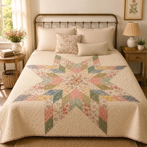 Star Quilt Pattern PDF, Vintage Floral Radiant Star Quilt, Queen Bed Quilt Pattern, Instant Download, Intermediate Patchwork
