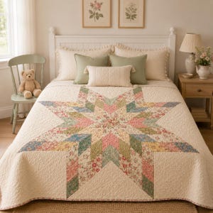 May include: A cream-colored quilt featuring a large central star pattern composed of various floral and geometric fabric patches in shades of pink, green, yellow, and blue, with matching cream-colored pillows and a textured surface finish.