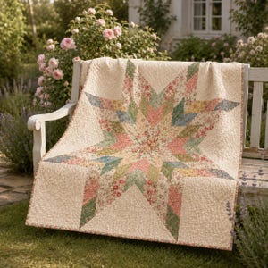 May include: A quilt featuring a large central star pattern composed of various floral fabric patches in shades of pink, green, yellow, and blue, set against a cream-colored background with a textured, quilted surface and stitched detailing.