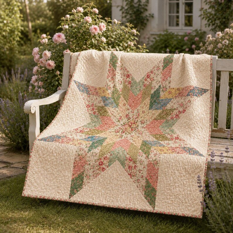 May include: A quilt featuring a large central star pattern composed of various floral fabric patches in shades of pink, green, yellow, and blue, set against a cream-colored background with a textured, quilted surface and stitched detailing.