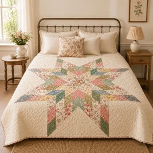 May include: A bed quilt featuring a large central star pattern composed of various floral fabrics in shades of pink, green, blue, and yellow on a cream background. The quilt is draped over a bed with matching floral and solid cream pillows.