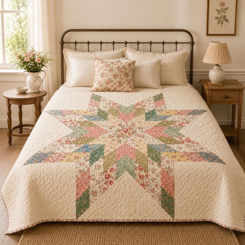 May include: A bed quilt featuring a large central star pattern composed of various floral fabrics in shades of pink, green, blue, and yellow on a cream background. The quilt is draped over a bed with matching floral and solid cream pillows.