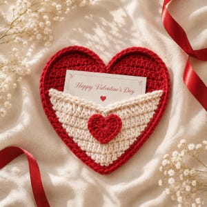 May include: A heart-shaped crochet holder in red and cream yarn, featuring a small red heart appliqué on the front pocket. A white card is tucked inside, printed with the text Happy Valentine's Day and a small red heart symbol in the centre.