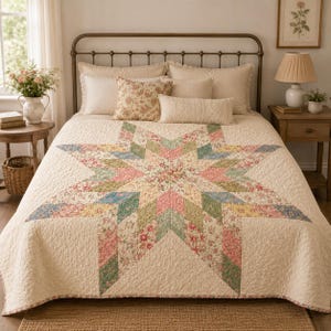 May include: A cream-colored quilt featuring a large central star pattern composed of various floral fabric patches in shades of pink, green, yellow, and blue. The quilt is draped over a bed with matching cream pillows and a floral accent pillow.