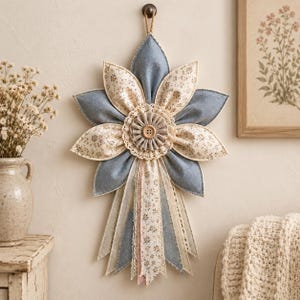 May include: A wall hanging featuring a fabric flower with alternating blue and floral-patterned petals, a central beige button, and a cream-colored lace doily. Below the flower, several hanging fabric ribbons in blue, floral, and lace textures.
