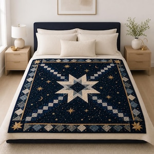 Op de afbeelding: Een donker marineblauwe quilt met een grote centrale achtpuntige ster in crème en lichtblauwe tinten. De quilt is versierd met goudkleurige geborduurde sterren, maansikkels en een rand van afwisselende crème en blauwe ruitpatronen.