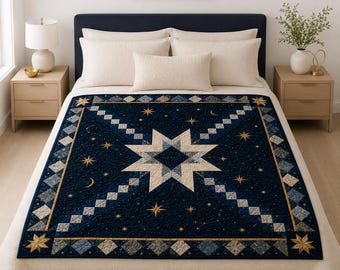 May include: A dark navy blue quilt featuring a large central eight-pointed star in cream and light blue tones. The quilt is decorated with gold embroidered stars, crescent moons, and a border of alternating cream and blue diamond patterns.