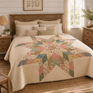 May include: A quilted bedspread featuring a large central star pattern composed of various floral fabrics in shades of pink, green, and blue on a cream background. The quilt is draped over a bed with multiple pillows in neutral tones.