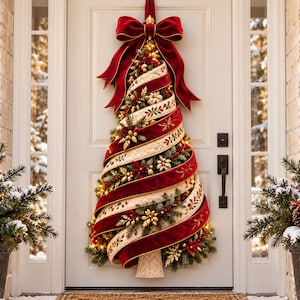 Modello PDF per appendere l'albero di Natale alla porta, tutorial per albero di Natale con nastro trapuntato, modello di cucito per decorazioni natalizie per la porta, decorazioni natalizie fai da te