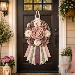 Patrón PDF para colgador de puerta de tela con diseño de rosas campestres / Flor de tela colgante hecha a mano (DIY)