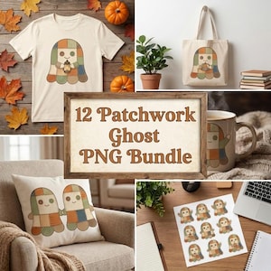 Może przedstawiać: Cyfrowa kolekcja projektów pod tytułem 12 Patchwork Ghost PNG Bundle przedstawiająca ducha wykonanego z kolorowych kwadratów materiału. Wzór znajduje się na koszulce, torbie, ceramicznym kubku, poduszce oraz arkuszu z naklejkami.