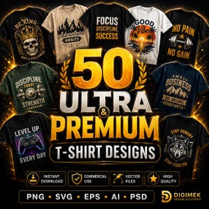 Könnte beinhalten: Eine Sammlung von 50 ultra- und premium T-Shirt-Designs mit verschiedenen grafischen Drucken, darunter ein Totenkopf mit Krone, Berglandschaften, Hanteln, Sonnenuntergänge, Gamecontroller und ein Wolf, mit dem Text 50 ULTRA & PREMIUM T-SHIRT DESIGNS.