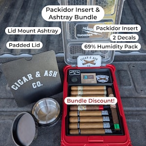 May include: A Packidor insert and ashtray bundle featuring a red storage case with a clear lid, a black tray insert, a 69% humidity pack, two decals, a lid mount ashtray, and a padded lid. The set includes several cigars and branded labels.