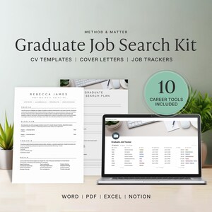 May include: A Graduate Job Search Kit featuring CV templates, cover letters, and job trackers. The kit includes 10 career tools in Word, PDF, Excel, and Notion formats. The display shows a printed resume, a search plan, and a laptop screen.