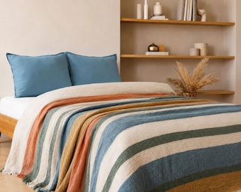 Muslin Bedspread, 4-Layer Turkish Cotton Bed Cover, Queen Size 220x240 cm / 87x95 in, Lightweight Gauze Blanket, Textured Coverlet, Rainbow