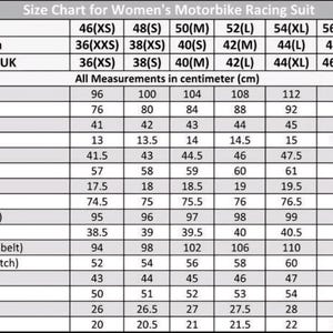 May include: A size chart for a motorbike racing suit with a table displaying measurements in centimeters. The chart includes rows for chest, waist, collar, shoulder, sleeve, inseam, outseam, back rise, hip, thigh, knee, back center, ankle, and front rise.