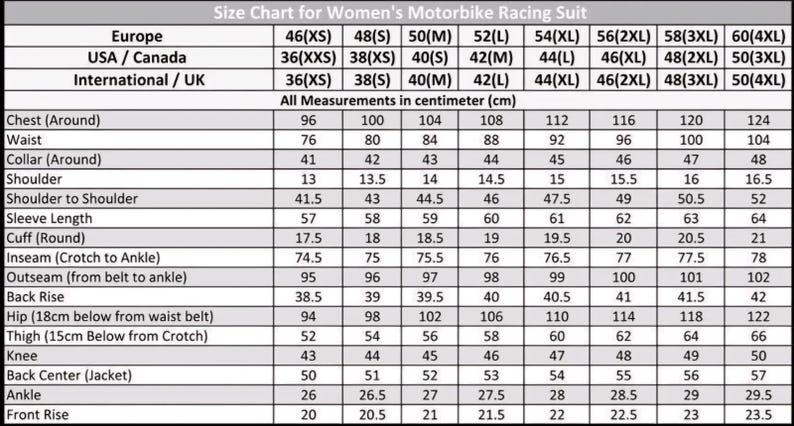 May include: A size chart for a motorbike racing suit with a table displaying measurements in centimeters. The chart includes rows for chest, waist, collar, shoulder, sleeve, inseam, outseam, back rise, hip, thigh, knee, back center, ankle, and front rise.