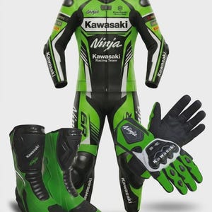 May include: A Kawasaki Ninja racing suit in lime green, black, and white, featuring the Kawasaki Racing Team logo, Ninja branding, and various sponsor decals. The set includes matching lime green and black motorcycle boots and protective gloves.