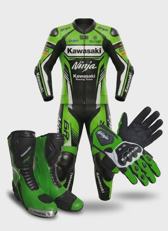 Kawasaki Leather Racing Suit, Boots, Gloves Set | Full Motorcycle Riding Gear