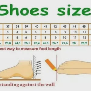 May include: A shoe size conversion chart with rows for EU, UK, US, and cm measurements ranging from 23.8 to 29.3 cm. Below, two illustrations demonstrate the correct way to measure foot length by standing against a wall with a pencil marking.