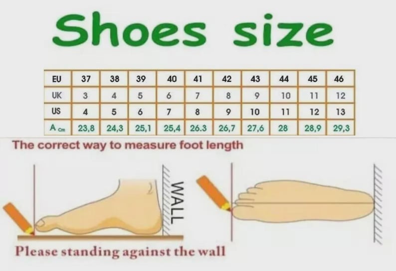 May include: A shoe size conversion chart with rows for EU, UK, US, and cm measurements ranging from 23.8 to 29.3 cm. Below, two illustrations demonstrate the correct way to measure foot length by standing against a wall with a pencil marking.