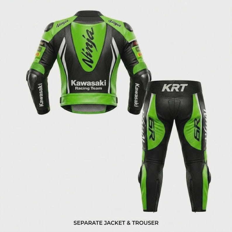 Kawasaki Leather Racing Suit, Boots, Gloves Set | Full Motorcycle Riding Gear image 3