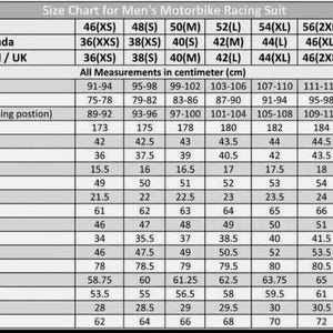 May include: A black and white size chart for a motorbike racing suit. The table displays measurements in centimeters for chest, waist, hip, full length, back rise, front yoke, shoulder, collar, cuff, sleeve, knee, elbow, inseam, and ankle.