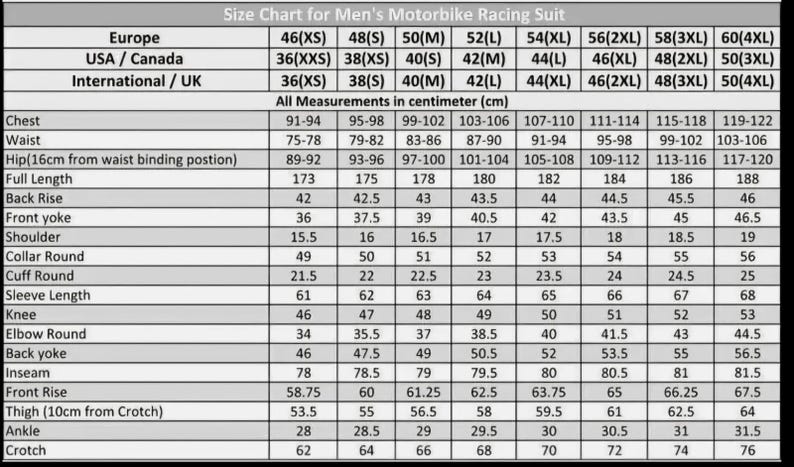 May include: A black and white size chart for a motorbike racing suit. The table displays measurements in centimeters for chest, waist, hip, full length, back rise, front yoke, shoulder, collar, cuff, sleeve, knee, elbow, inseam, and ankle.