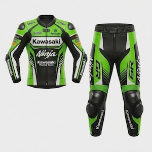 May include: A two-piece motorcycle racing suit in lime green, black, and white. The jacket features Kawasaki and Ninja branding with racing team logos. The matching trousers include 6R lettering, protective knee sliders, and Kawasaki text.