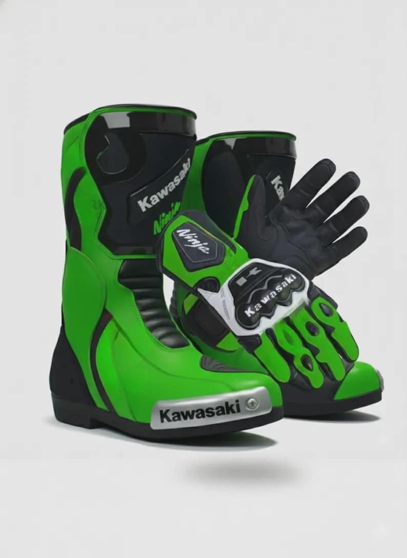 May include: A pair of bright green and black motorcycle boots and matching gloves. The boots feature the Kawasaki logo and Ninja branding. The gloves have black palms, green and black fingers, and a white Kawasaki logo on the wrist strap.