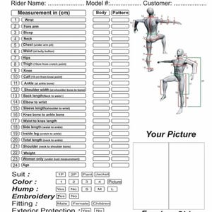 May include: A white tailor-made body measurement performa document featuring a numbered list of 24 body measurements in centimeters, two 3D human figure diagrams with numbered reference lines, and blank fields for rider name, model number, and customer details.