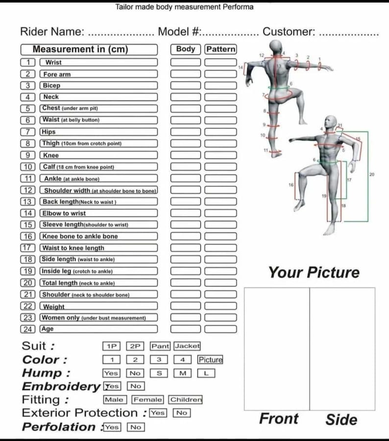 May include: A white tailor-made body measurement performa document featuring a numbered list of 24 body measurements in centimeters, two 3D human figure diagrams with numbered reference lines, and blank fields for rider name, model number, and customer details.