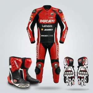 Custom Ducati Racing Suit, Boots, Gloves Set: Genuine Cowhide Leather, Full Protection