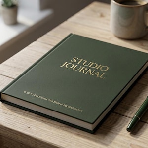 May include: A dark green hardcover journal with gold embossed text that reads STUDIO JOURNAL and GUIDA STRATEGICA PER BRAND INDIPENDENTI. The journal is accompanied by a matching dark green pen with gold accents, resting on a wooden surface.