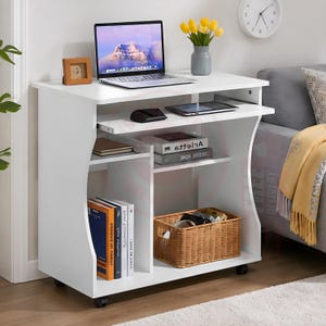 Rolling Computer Desk with Keyboard Tray, Space-Saving Study Table for Home Office