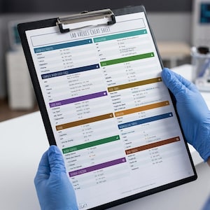 Può includere: Una cartellina nera che contiene un foglio bianco intitolato Lab Values Cheat Sheet. Il documento presenta sezioni di dati medici organizzati tra cui Serum Electrolytes, Complete Blood Count, Renal e Vital Signs, ciascuna con codifica a colori.