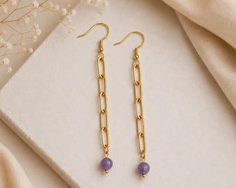 Long Gold Chain Earrings with Natural Amethyst handmade