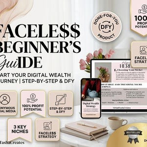 May include: A digital product guide titled FACELESS BEGINNER'S GUIDE START YOUR DIGITAL WEALTH JOURNEY. Includes icons for 100% profit potential, faceless strategy, anonymous social media, and step-by-step instructions. Features a laptop and phone display.
